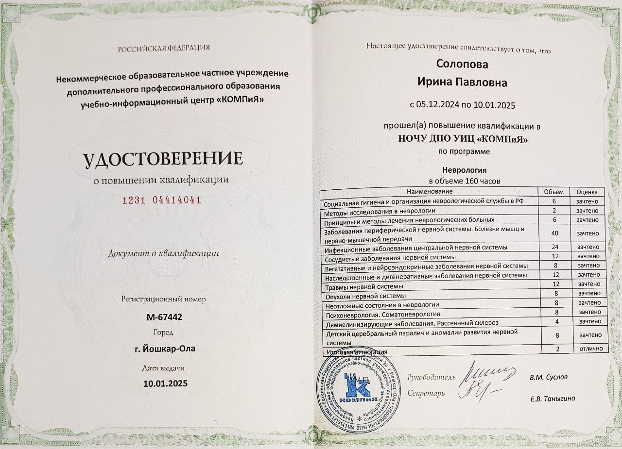 Удостоверение об аккредитации невролог